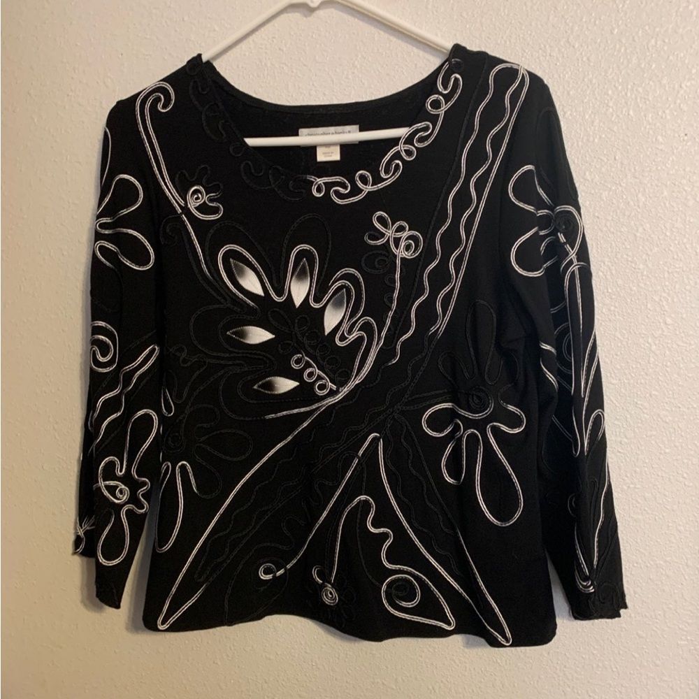 Christopher & Banks Black Top with White Embroidered Swirl Design